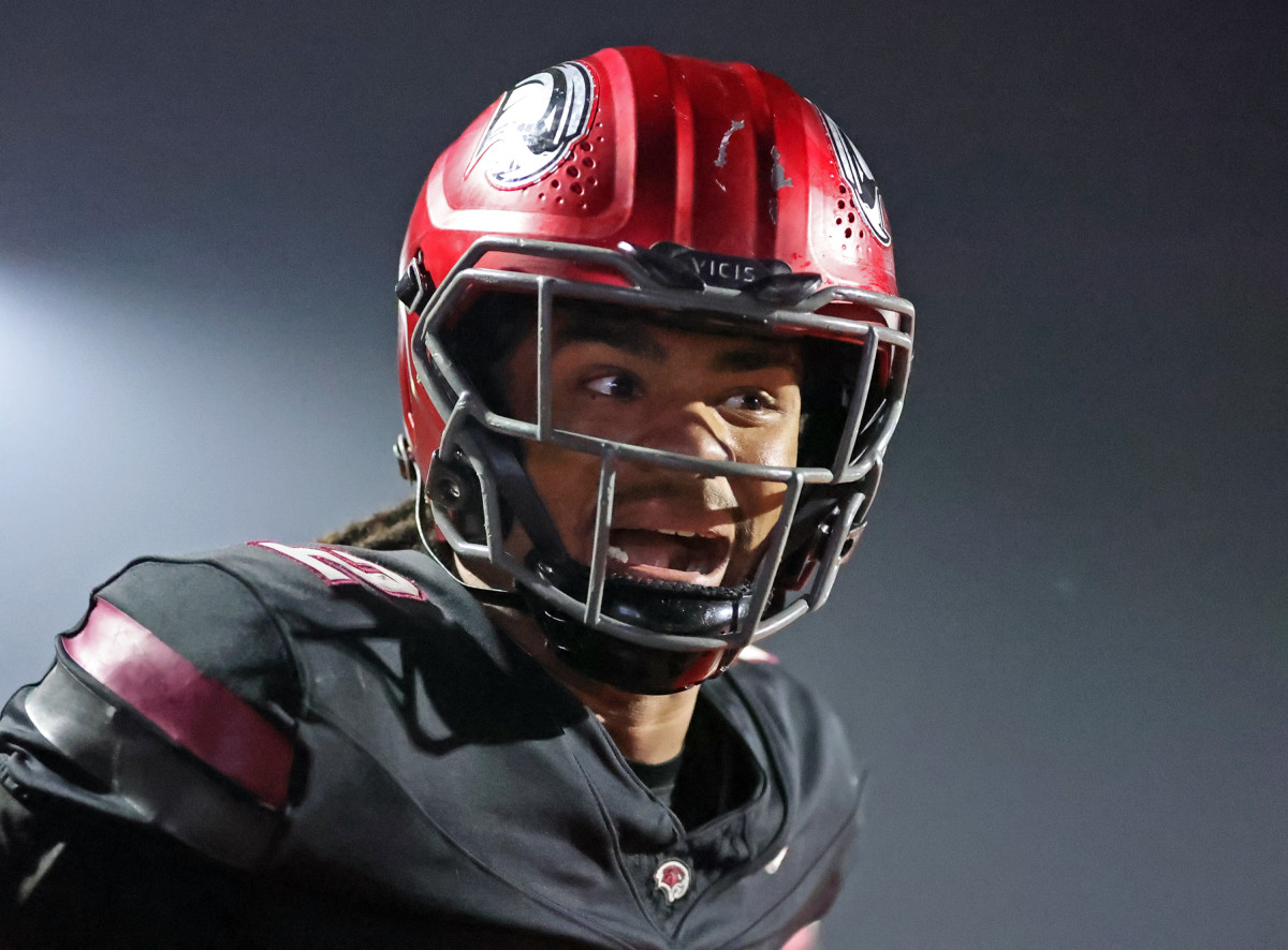 Samaj Jones reacts to scoring a touchdown in the PIAA Class 6A state championship game on December 9, 2023. Photo credit: Paul Burdick, SBLive Sports